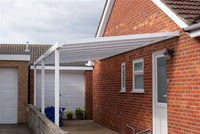 Bespoke D.I.Y. Carport / Canopy Kit - Frame: White.  Length: 5000mm.  Projection: 2775mm.  Roof tint: 'Bronze' multiwall polycarbonate.  Pitch: 5 degree. Posts: 2250mm